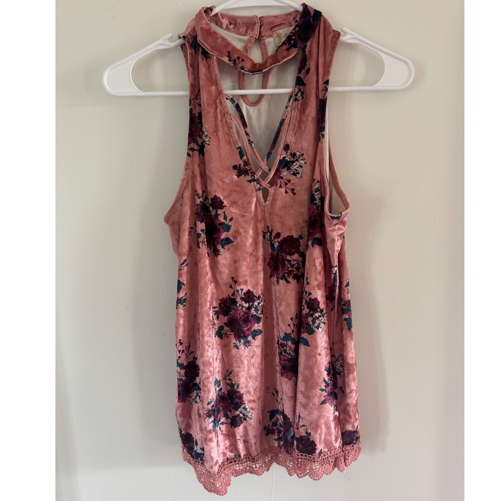 Altar'd State Tank Top M Pink Floral Crushed Velvet Halter Lace Boho Romantic